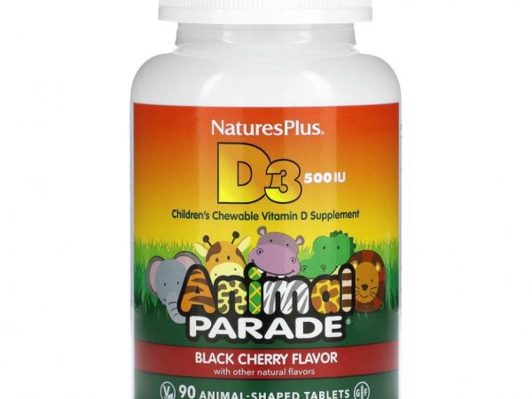 NaturesPlus, Source of Life, Animal Parade, витамин D3, со вкусом натуральной черешни, 500 МЕ, 90 таблеток в форме животных