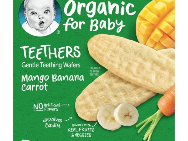 Gerber, органические прорезыватели, вафли для мягкого прорезывания зубов, от 7 месяцев, манго, банан, морковь, 12 пакетиков по 2 вафли в каждом