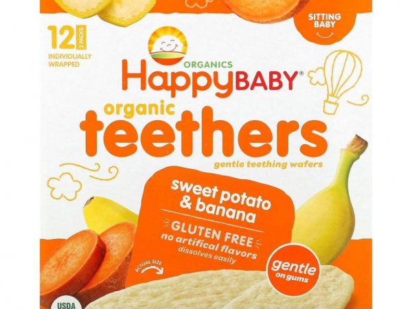 Happy Family Organics, органические вафли для прорезывания зубов, для малышей, умеющих сидеть, батат и банан, 12 пакетиков по 4 г (0,14 унции)
