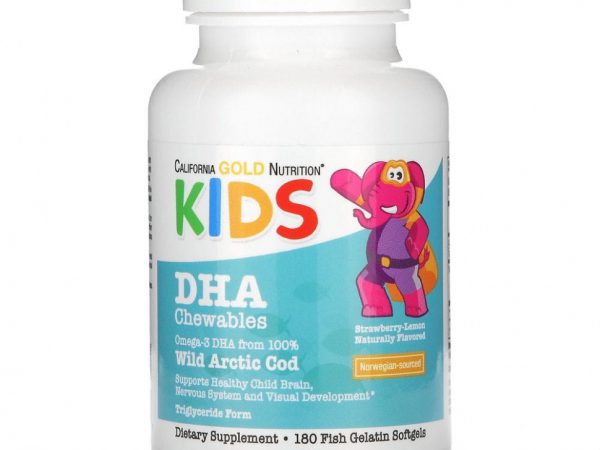 California Gold Nutrition, ДГК для детей в форме жевательных таблеток (из дикой арктической трески), со вкусом клубники и лимона, 180 мягких таблеток из рыбьего желатина