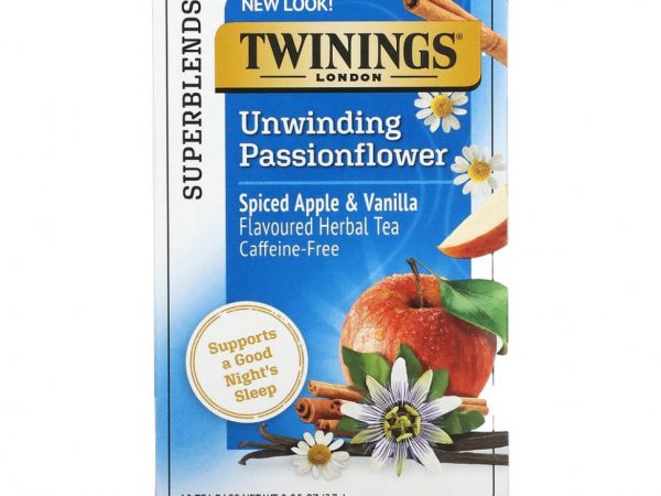 Twinings, Успокаивающий травяной чай, страстоцвет и ромашка, пряное яблоко и ваниль, без кофеина, 18 пакетиков по 0,95 унц. (27 г)