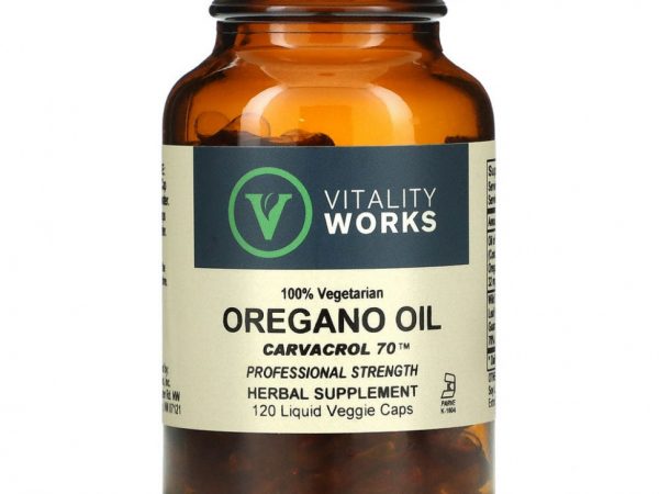 Vitality Works, масло орегано, карвакрол 70, 120 вегетарианских капсул с жидкостью