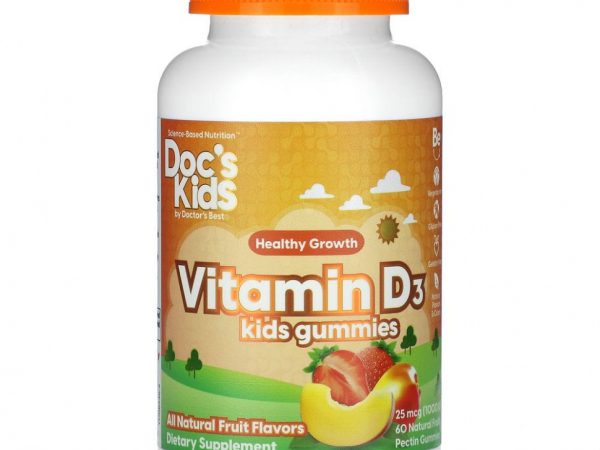 Doctor's Best, Doc's Kids, жевательные таблетки с витамином D3, полностью натуральные фрукты, 25 мкг (1000 МЕ), 60 жевательных таблеток с натуральным фруктовым пектином