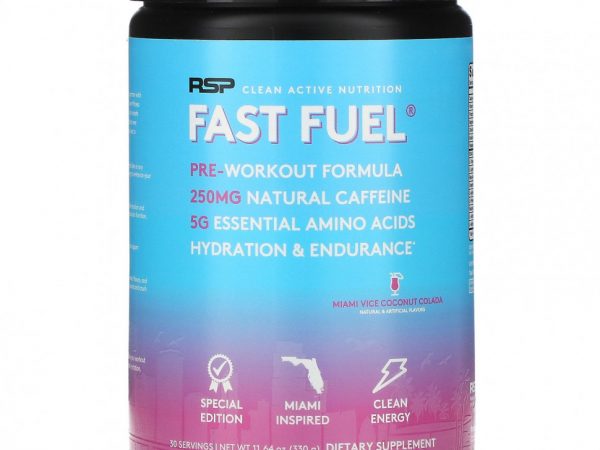 RSP Nutrition, Fast Fuel, формула перед тренировкой, восполнение жидкости и выносливость, со вкусом кокосового коктейля Miami Vice, 330 г (11,64 унции)