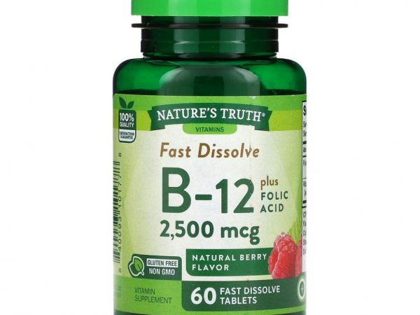 Nature's Truth, Витамин B12 с фолиевой кислотой, натуральные ягоды, 2500 мкг, 60 быстрорастворимых таблеток