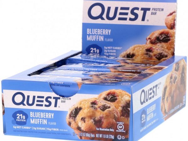 Quest Nutrition, протеиновый батончик, со вкусом маффина с голубикой, 12 батончиков, весом 60 г (2,12 унции) каждый