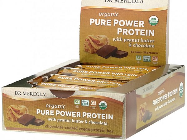 Dr. Mercola, Organic Pure Power Protein Bar, арахисовая паста и шоколад, 12 батончиков, 52 г (1,83 унции)