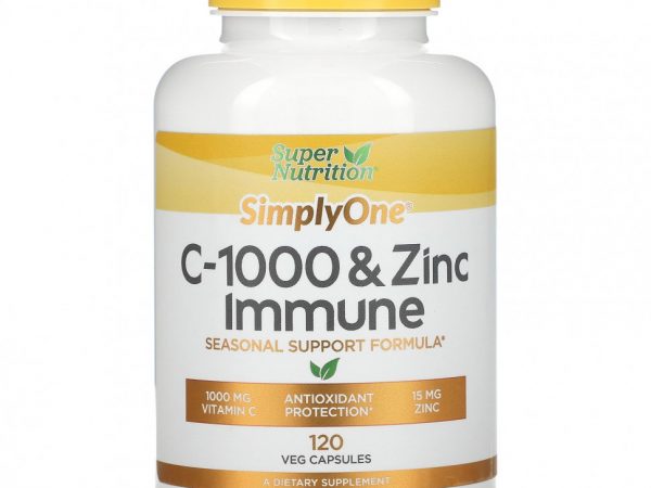 Super Nutrition, SimplyOne, C-1000 и цинк для иммунитета, 120 вегетарианских капсул