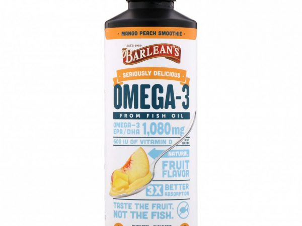Barlean's, Seriously Delicious, омега-3 из рыбьего жира, смузи с манго и персиком, 1080 мг, 454 г (16 унций)