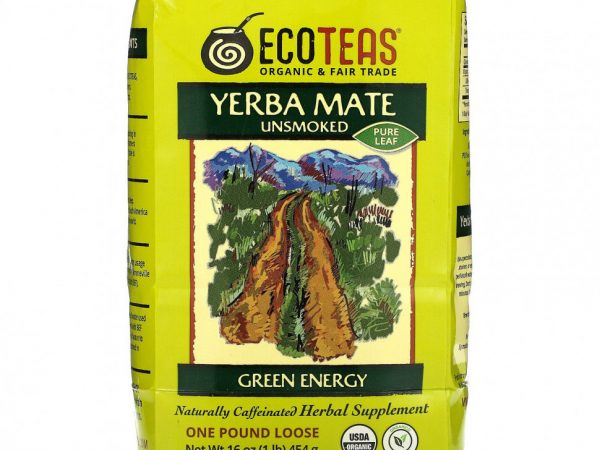 EcoTeas, листовой рассыпной чистый чай йерба мате, некопченный, зеленая энергия, 454 г (16 унций)