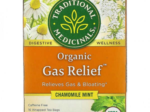 Traditional Medicinals, Organic Gas Relief, без кофеина, ромашка и мята, 16 чайных пакетиков в упаковке, 24 г (0,85 унции)