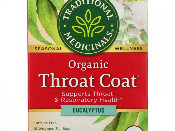 Traditional Medicinals, Organic Throat Coat, эвкалипт, без кофеина, 16 чайных пакетиков в упаковке, 28 г (0,99 унции)