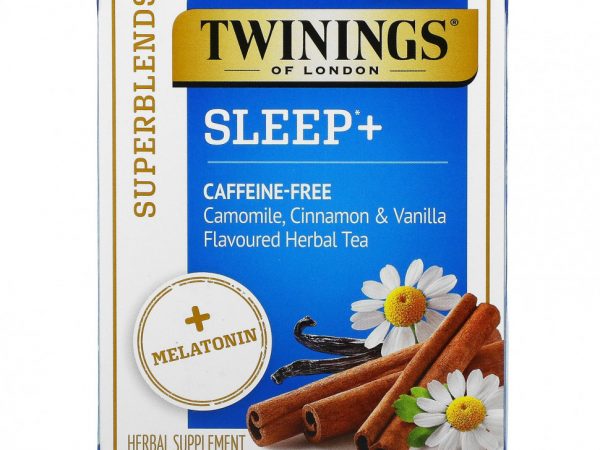 Twinings, Superblends, Melatonin, травяной чай с ромашкой, корицей и ванилью, без кофеина, 16 чайных пакетиков, 24 г (0,85 унции)