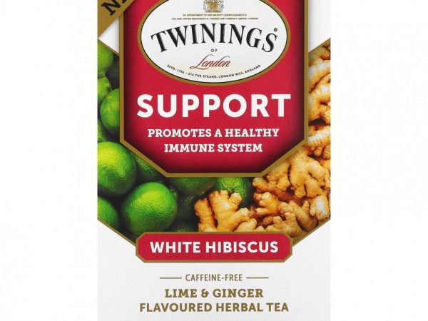 Twinings, Support, травяной чай из белого гибискуса, лайм и имбирь, без кофеина, 18 чайных пакетиков, 27 г (0,95 унции)
