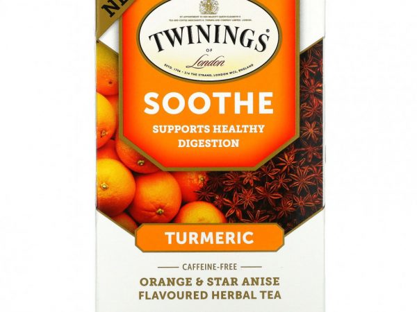 Twinings, Успокаивающий травяной чай, куркума, апельсин и анис звездчатый, без кофеина, 18 пакетиков по 1,27 унц. (36 г)