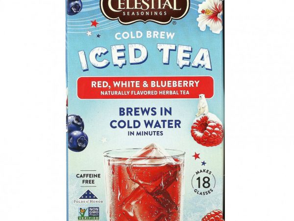 Celestial Seasonings, Холодный чай со льдом, красный, белый и голубика, без кофеина, 18 чайных пакетиков, 31 г (1,1 унции)
