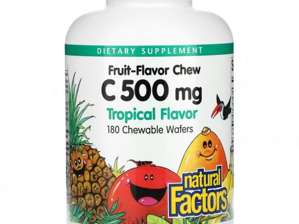 Natural Factors, Жевательный витамин C со вкусом фруктов, тропический, 500 мг, 180 жевательных вафель
