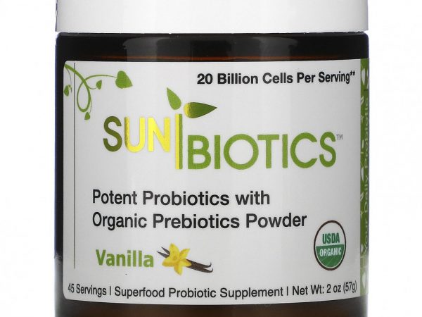 Sunbiotics, Мощные пробиотики в порошке с органическими пребиотиками, ваниль, 57 г (2 унции)