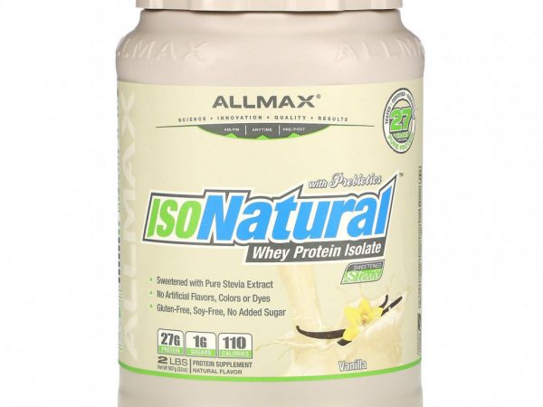 ALLMAX Nutrition, IsoNatural, 100% ультра-очищенный натуральный изолят сывороточного протеина, со вкусом ванили, 907 г