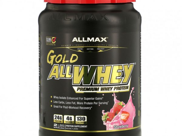 ALLMAX Nutrition, AllWhey Gold, 100% сывороточный белок премиум-качества, со вкусом клубники, 907 г (2 фунта)