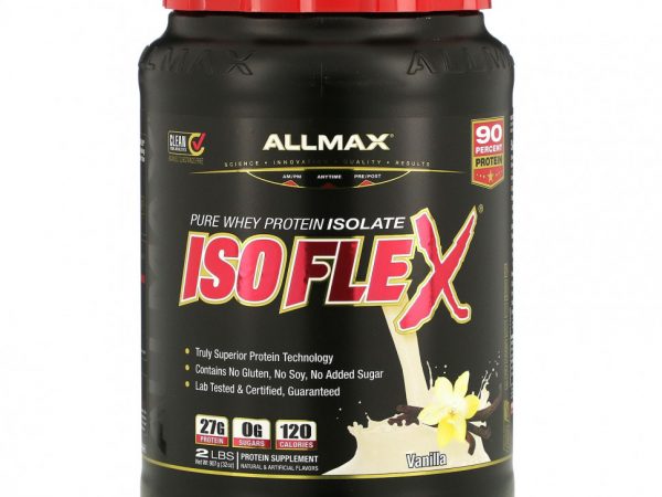 ALLMAX Nutrition, Isoflex, 100%-ный ультрачистый изолят сывороточного белка (ИБС с фильтрацией заряженными ионными частицами), ваниль, 2 фунта (907 г)