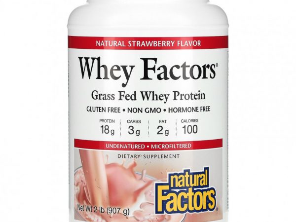 Natural Factors, Whey Factors, сывороточный протеин травяного откорма, натуральная клубника, 907 г (2 фунта)