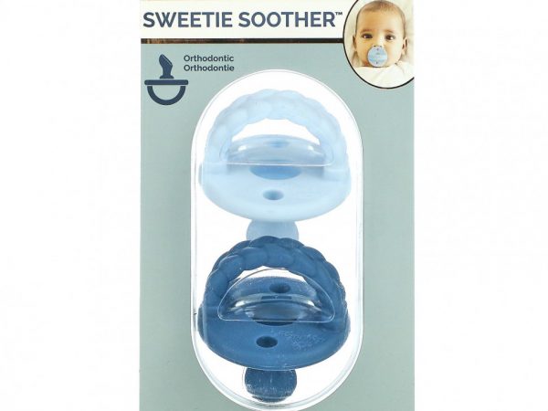 itzy ritzy, Sweetie Soother, пищевые силиконовые пустышки, для детей от 0 до 6 месяцев, косички Sky & Surf, 2 пустышки