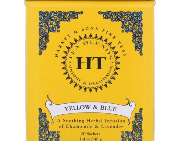 Harney & Sons, HT Tea Blend, желтый и голубой, ромашка и лаванда, без кофеина, 20 чайных саше, 40 г (1,4 унции)