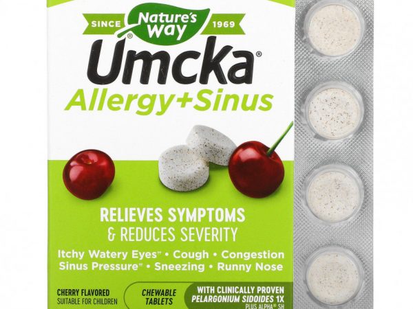 Nature's Way, Umcka, Allergy + Sinus, вишня, 20 таблеток
