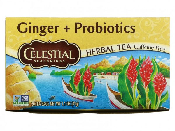 Celestial Seasonings, Травяной чай, имбирь + пробиотики, без кофеина, 20 чайных пакетиков, 1,1 унции (31 г)