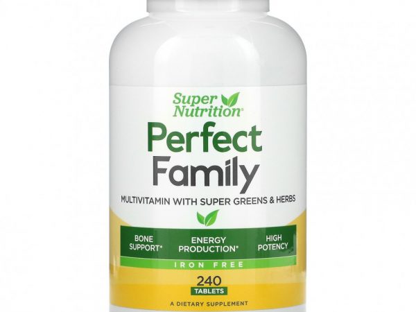 Super Nutrition, Perfect Family, мультивитамины с суперзеленью и травами, без железа, 240 таблеток