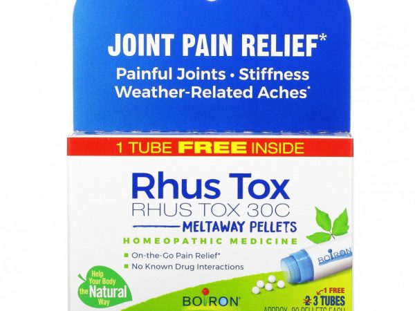 Boiron, Rhus Tox, обезболивающее, гранулы Meltaway, 30C, 3 тюбика, 80 гранул в каждой