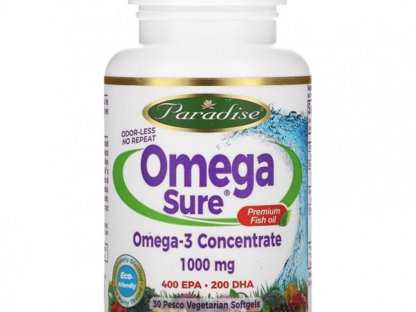 Paradise Herbs, Omega Sure, рыбий жир премиального качества, 1000 мг, 30 вегетарианских мягких таблеток