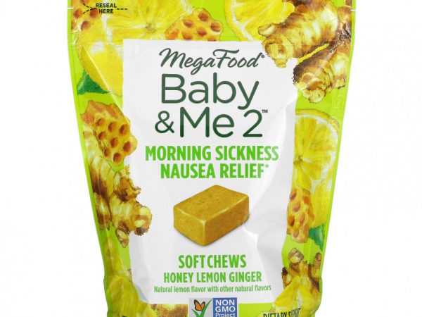 MegaFood, Baby & Me, утренняя тошнота, мед, лимон и имбирь, 30 жевательных таблеток