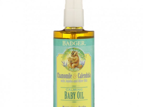 Badger Company, Успокаивающее детское масло, ромашка и календула с оливковым маслом и маслами жожоба, 4 жидких унции (118 мл)