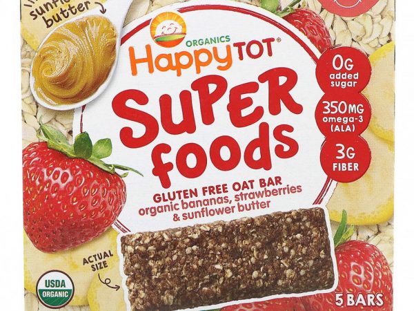 Happy Family Organics, Organics Happy Tot, суперпища, безглютеновый овсяный батончик, органические бананы, клубника и подсолнечная паста, 5 батончиков, 25 г каждый