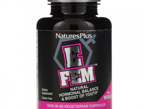 NaturesPlus, E Fem для женщин, естественный гормональный баланс и поддержка молодости, 60 вегетарианских капсул