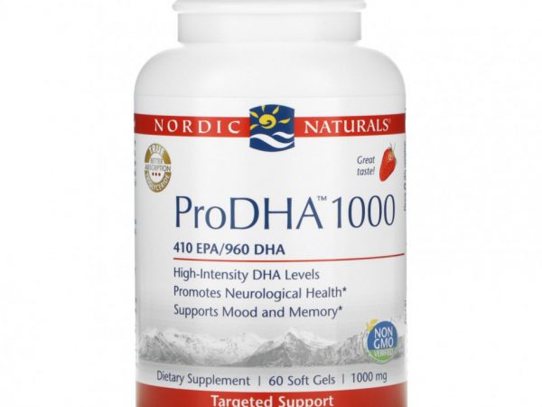 Nordic Naturals, ProDHA 1000, добавка с аминокислотами, с клубничным вкусом, 1000 мг, 60 капсул