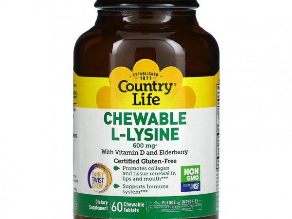 Country Life, Chewable L-Lysine, With Vitamin D and Elderberry, 300 mg, 60 Chewable Tablets