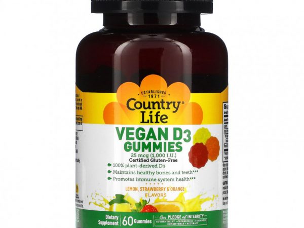 Country Life, Vegan D3 Gummies, Lemon, Strawberry & Orange Flavors, 1000 IU, 60 Gummies