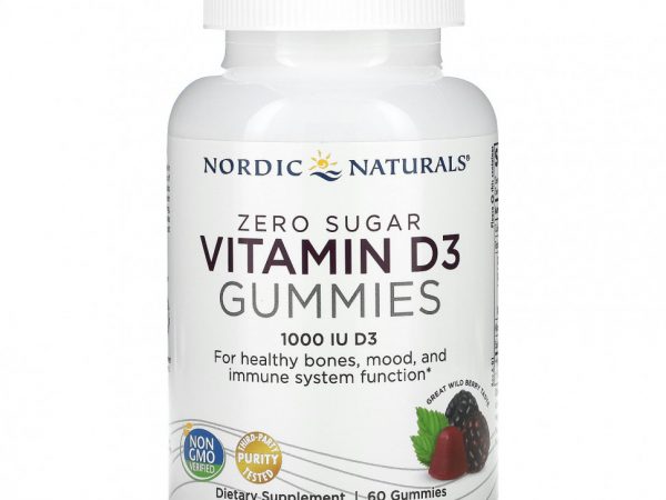 Nordic Naturals, Zero Sugar Vitamin D3 Gummies, Wild Berry, 1,000 IU, 60 Gummies