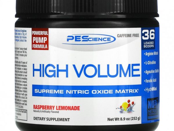 PEScience, High Volume, добавка с оксидом азота, без кофеина, малиновый лимонад, 252 г (8,9 унции)