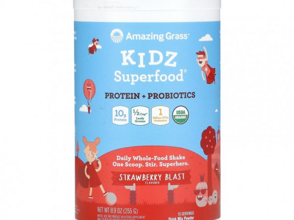 Amazing Grass, Kidz Superfood, протеин и пробиотики, клубничный взрыв, 255 г (8,9 унции)