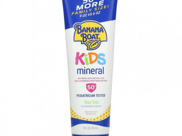 Banana Boat, Для детской кожи, солнцезащитный лосьон на минеральной основе, солнцезащитный фактор SPF 50+, 270 мл (9 жидк. унций)