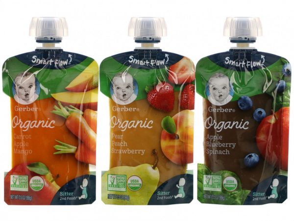 Gerber, Organic, экономичная упаковка, «Груша, персик и клубника», «Морковь, яблоко и манго», «Яблоко, черника и шпинат», 9 пакетиков, 99 г (3,5 унции) в каждом