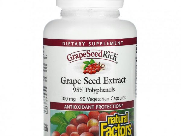 Natural Factors, GrapeSeedRich, экстракт виноградных косточек, 100 мг, 90 вегетарианских капсул