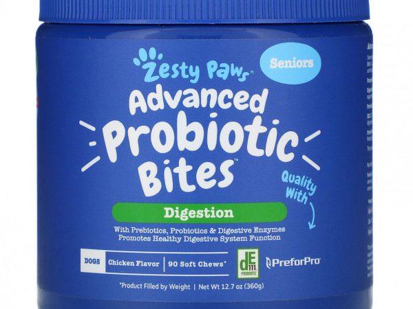 Zesty Paws, Advanced Probiotic Bites для собак, пищеварение, пожилые люди, куриный вкус, 90 мягких жевательных кусочков, 12,7 унций (360 г)
