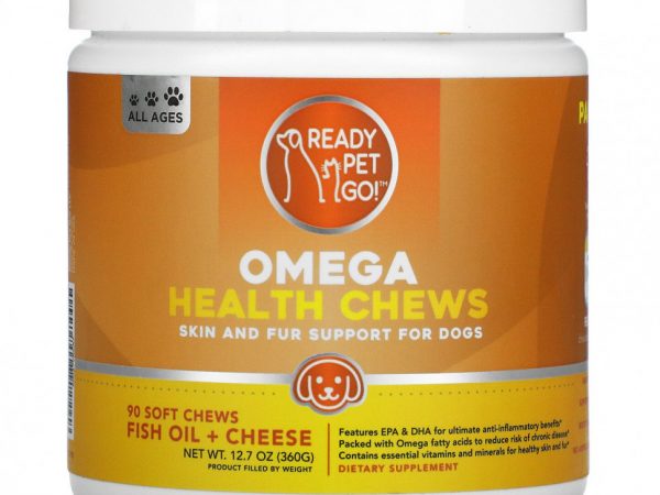 Ready Pet Go, Omega Health Chews, поддержка кожи и шерсти для собак всех возрастов, рыбий жир + сыр, 90 мягких жевательных таблеток