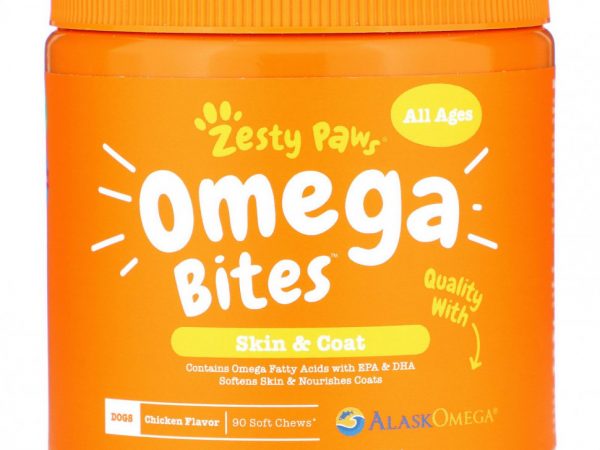 Zesty Paws, Omega Bites, добавка для собак, для любого возраста, со вкусом курицы, 90 мягких жевательных таблеток