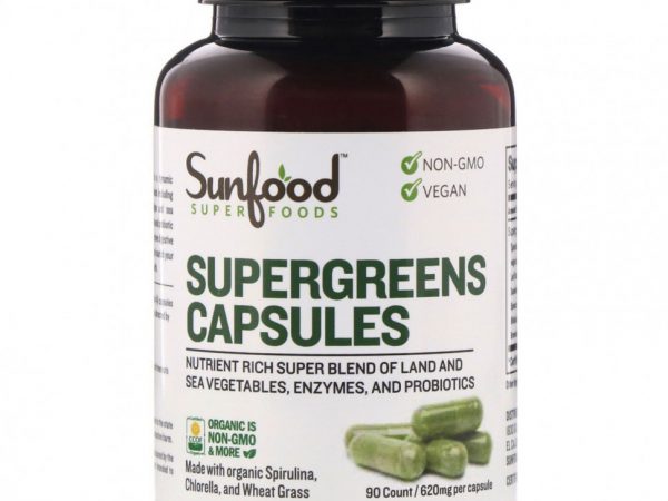 Sunfood, Supergreens Capsules, 155 mg, 90 Count